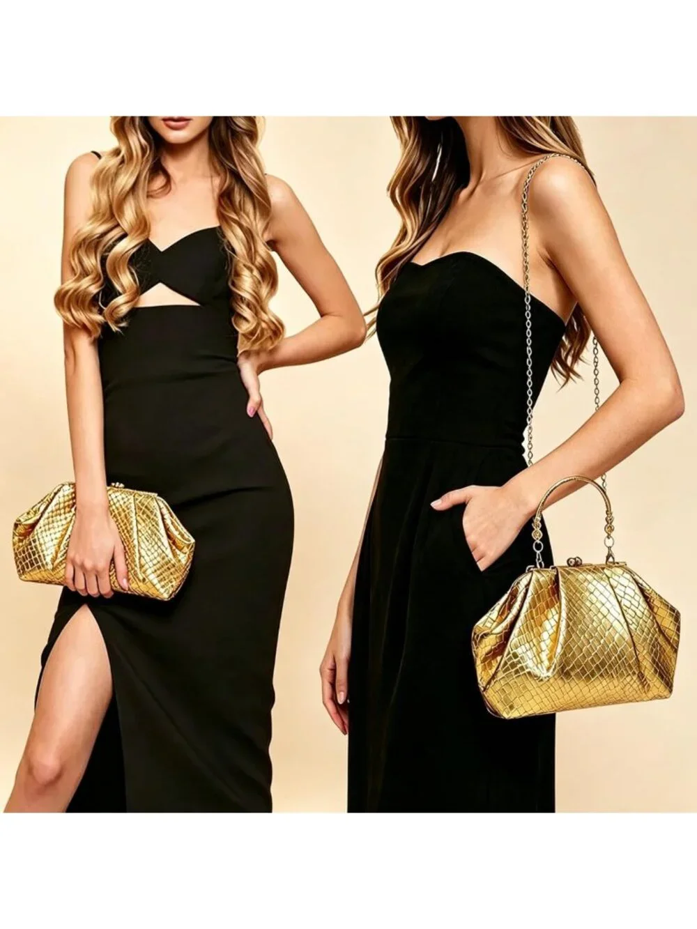 Chic Gold Dumpling Clutch Purse for Women | Evening Handbag with Wristlet